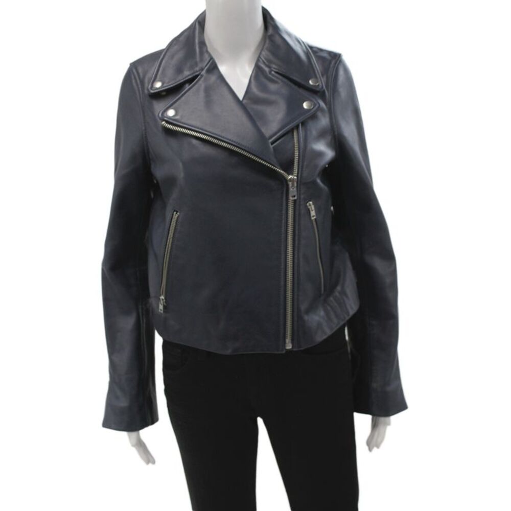 J Crew Collection Women Biker Leather Jacket Blue Zip Long Sleeve Size 8